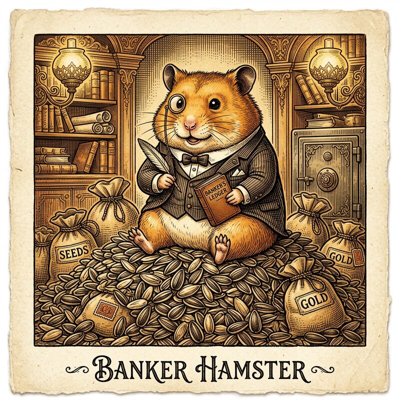 The Chairman, a hamster in a pinstripe suit and monocle, sitting on a pile of seeds