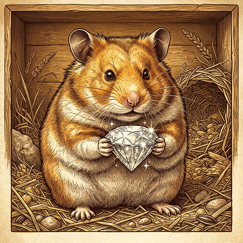 A hamster holding a diamond and refusing to let go